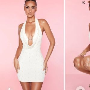Oh Polly Deep Plunge Embellished Mini Dress in White